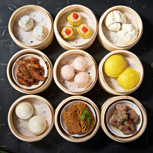 Aerial View of Various Yumcha Dimsum Set in bamboo container