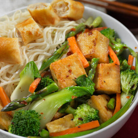 Tofu Noodle Bowl with Vegetable Spring Roll